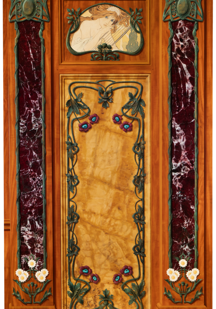 Détail panneau MOF peinture marbres et bois art nouveau